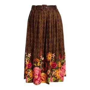Farm Rio Brown Charming Garden Floral Midi Skirt Size Large